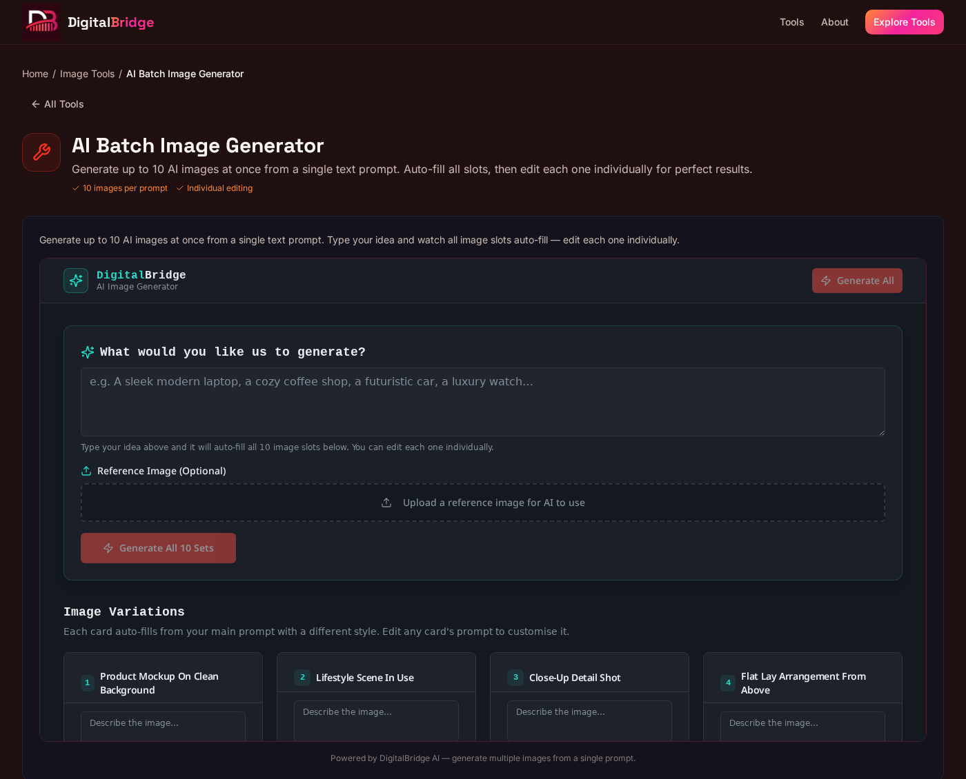 AI Batch Image Generator on tools.digitalbridge.ie — generates up to 10 AI image variations from a single text prompt