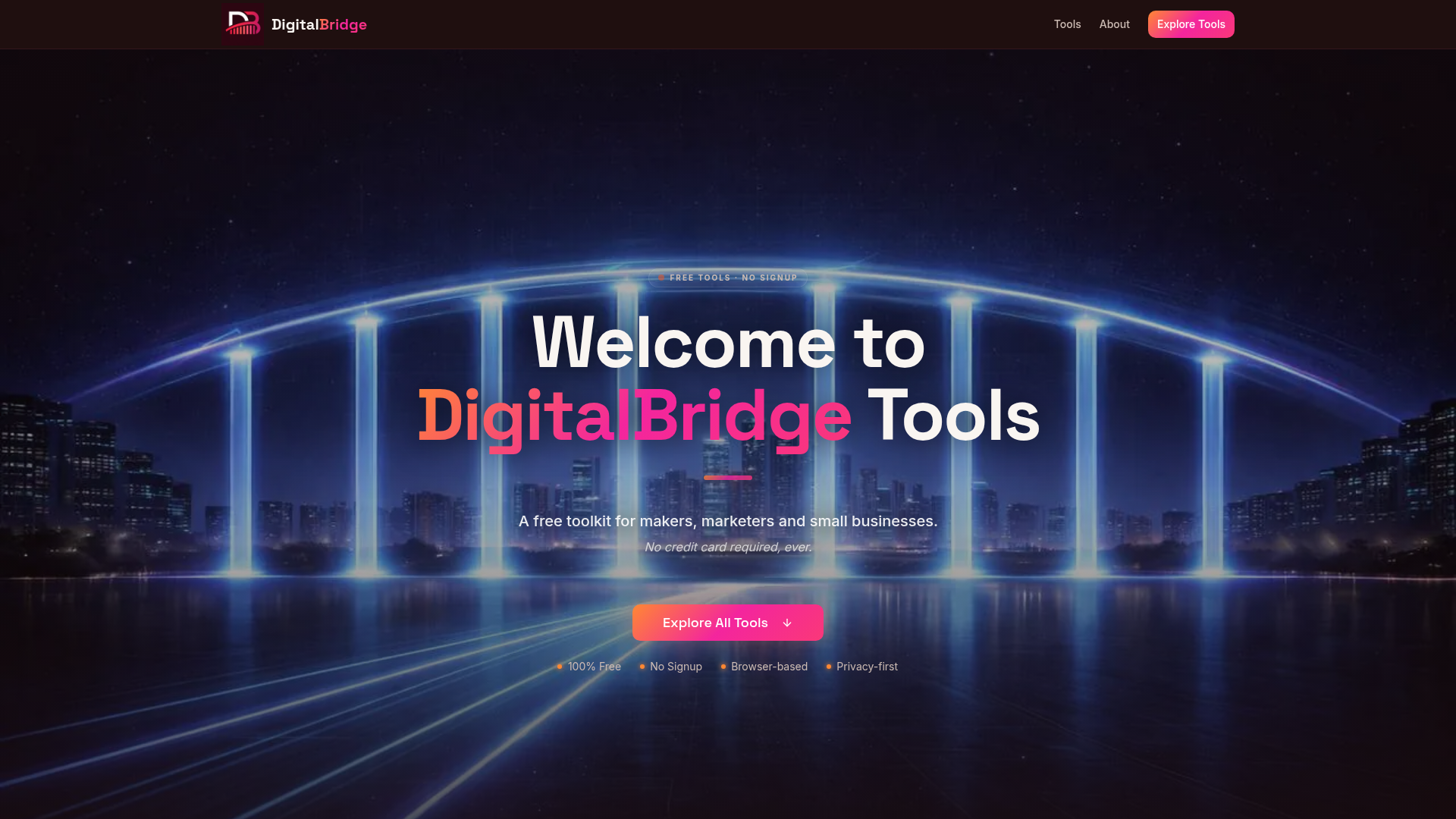 tools.digitalbridge.ie homepage — Welcome to DigitalBridge Tools, a free AI toolkit for Irish businesses