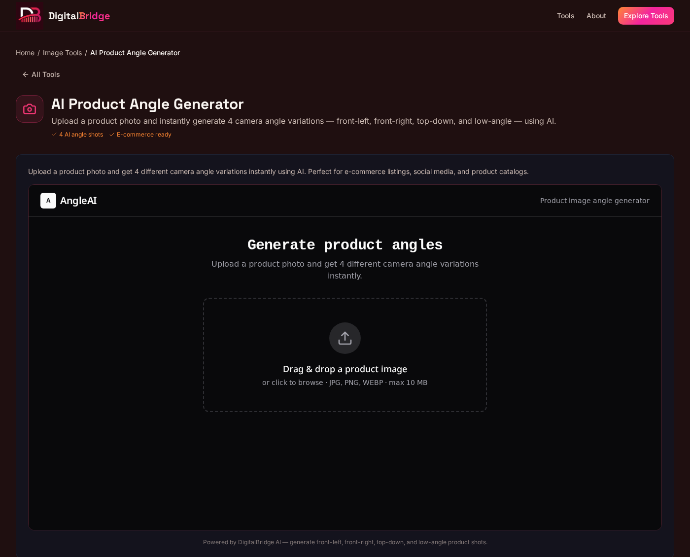 AI Product Angle Generator on tools.digitalbridge.ie — generates 4 camera angle variations from a single product photo