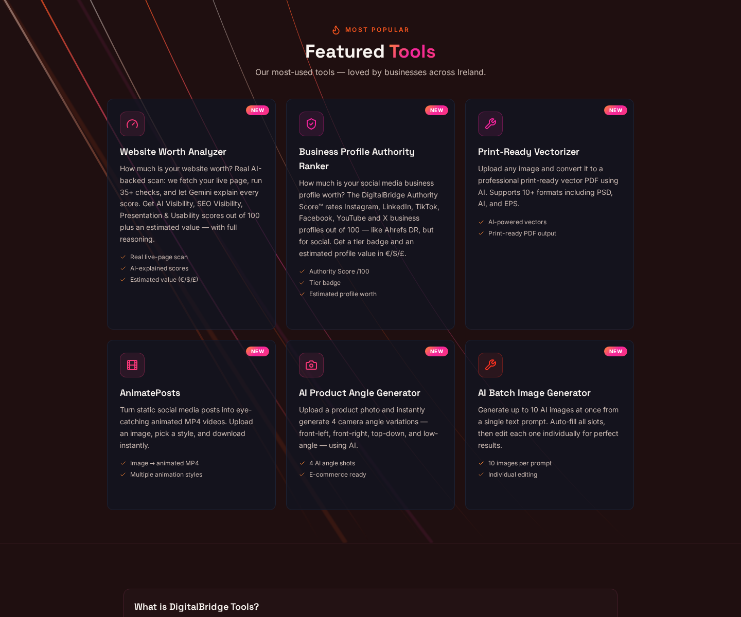 Most popular Featured Tools on tools.digitalbridge.ie — Website Worth Analyzer, Business Profile Authority Ranker, Print-Ready Vectorizer and more