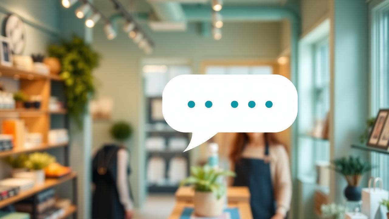 AI chatbot conversation bubble overlaid on Irish boutique shop interior — chatbot guide for Irish business
