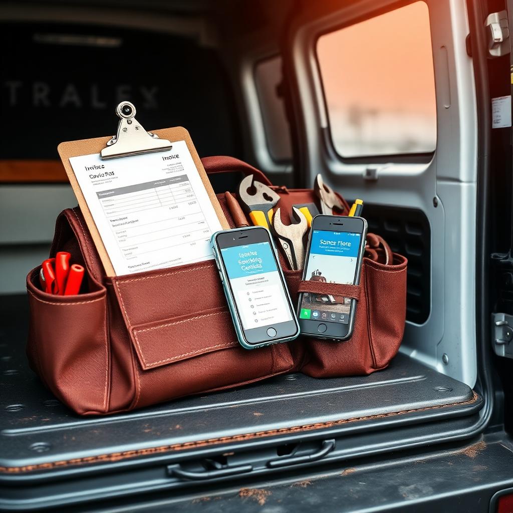 Irish tradesperson in van checking AI-drafted content on a smartphone — Digital Bridge AI content for trades 2026