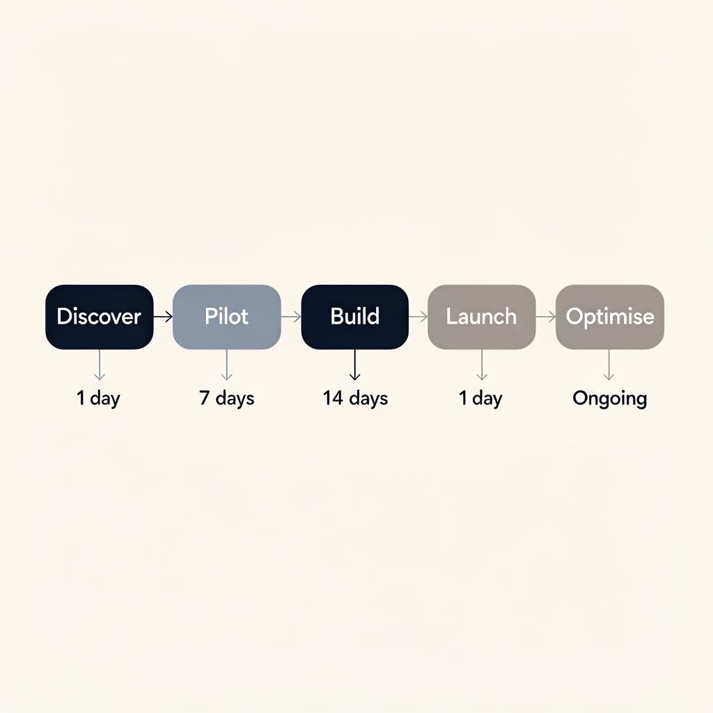 Affordable AI for small businesses in Ireland — process diagram showing the Discover, Pilot, Build, Launch and Optimise stages