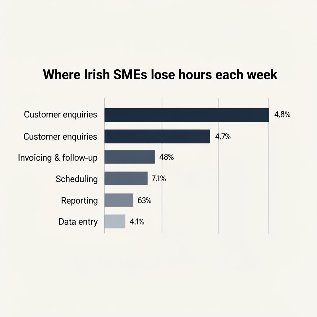 ROI calculator for AI investment in Irish SMEs — bar chart of where weekly hours are lost across customer enquiries, invoicing, scheduling and reporting