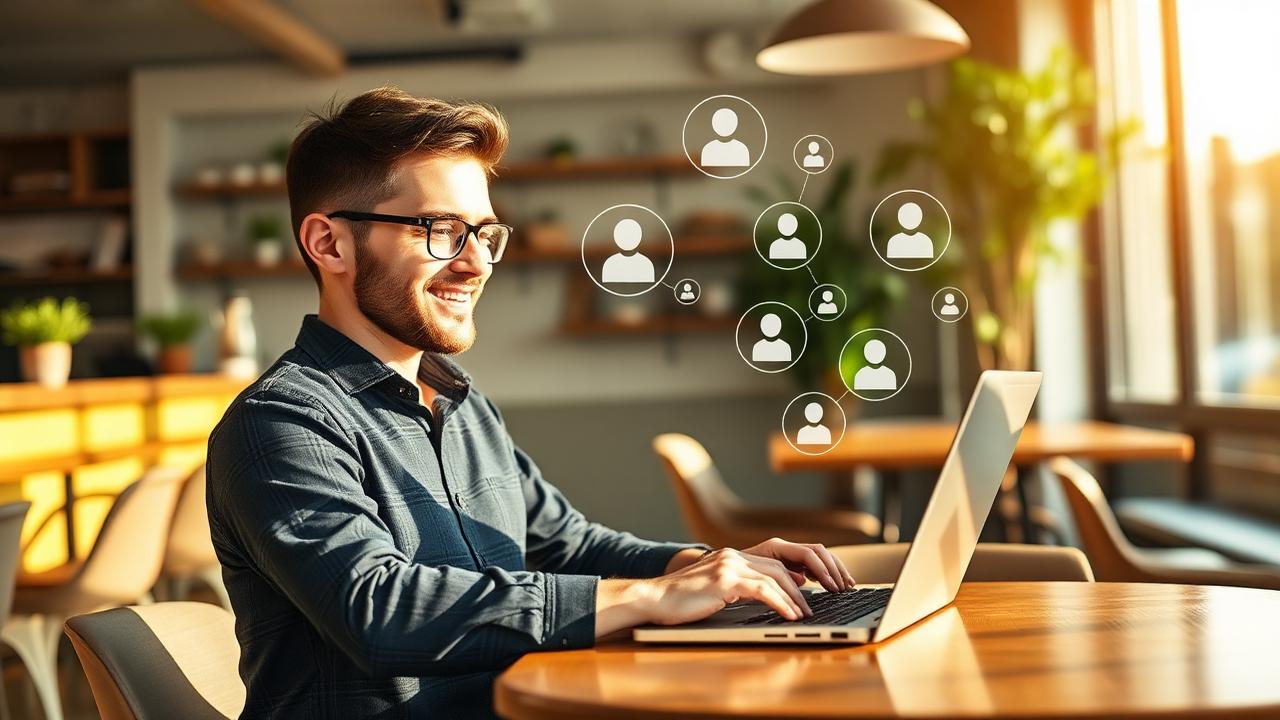 Irish small business owner using AI assistant on laptop in bright Dublin cafe — Digital Bridge pillar guide