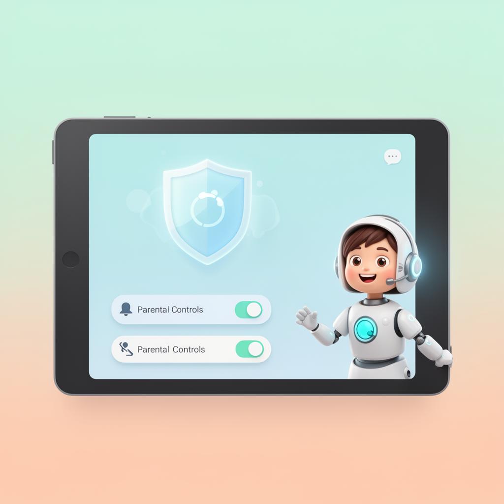 Friendly child-safe AI chatbot interface on a tablet with parental controls toggled on