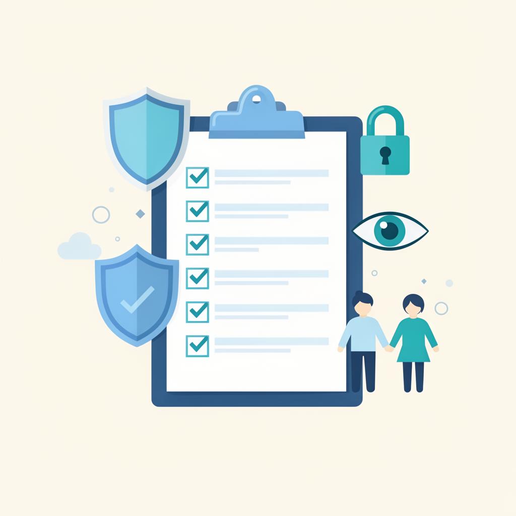 Clipboard checklist with shield, lock and eye icons representing the AI safety audit for parents