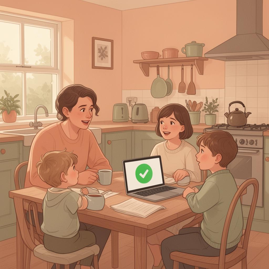 Irish family talking around the kitchen table about technology, with a laptop showing a green safety check