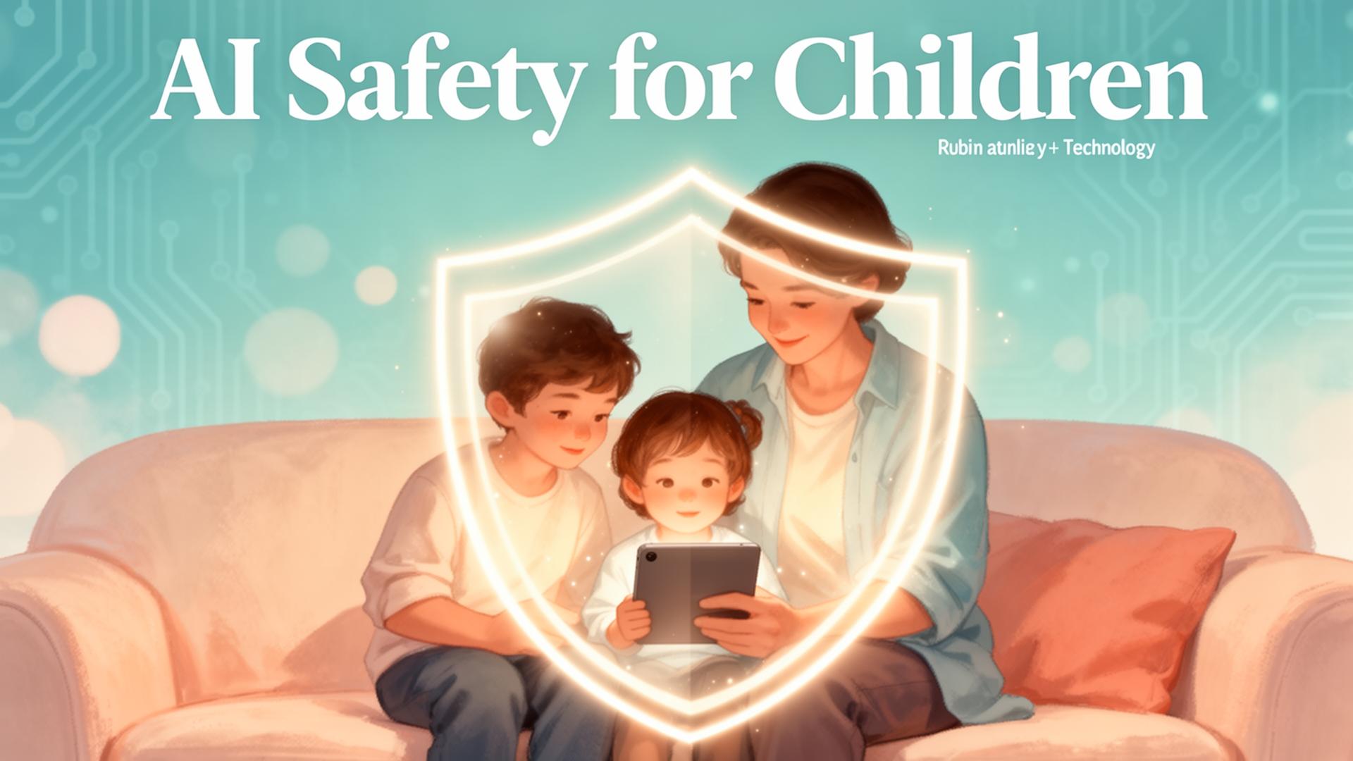 Parent and two children using a tablet together inside a glowing protective shield, illustrating AI safety for children in 2026