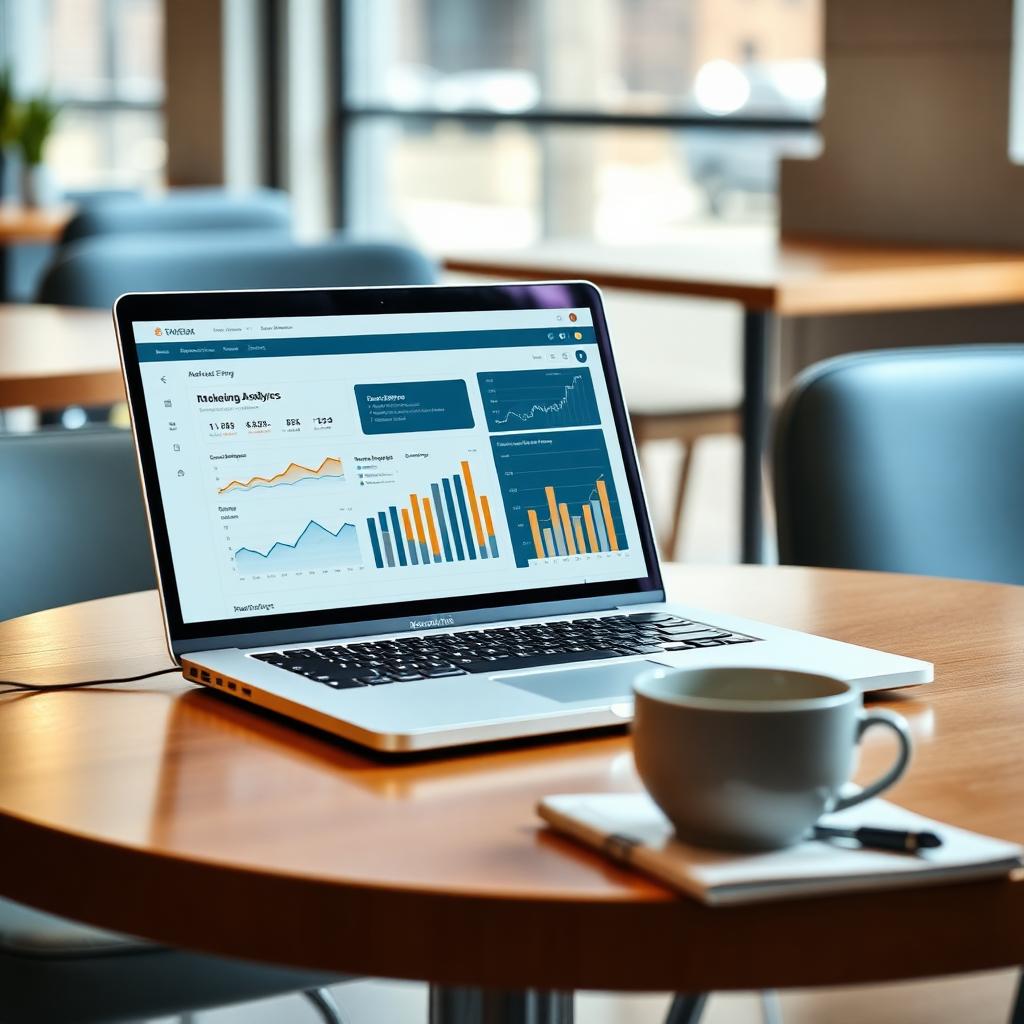 Irish small business owner using AI marketing tools on laptop with dashboard, social posts and email automation — Digital Bridge 2026