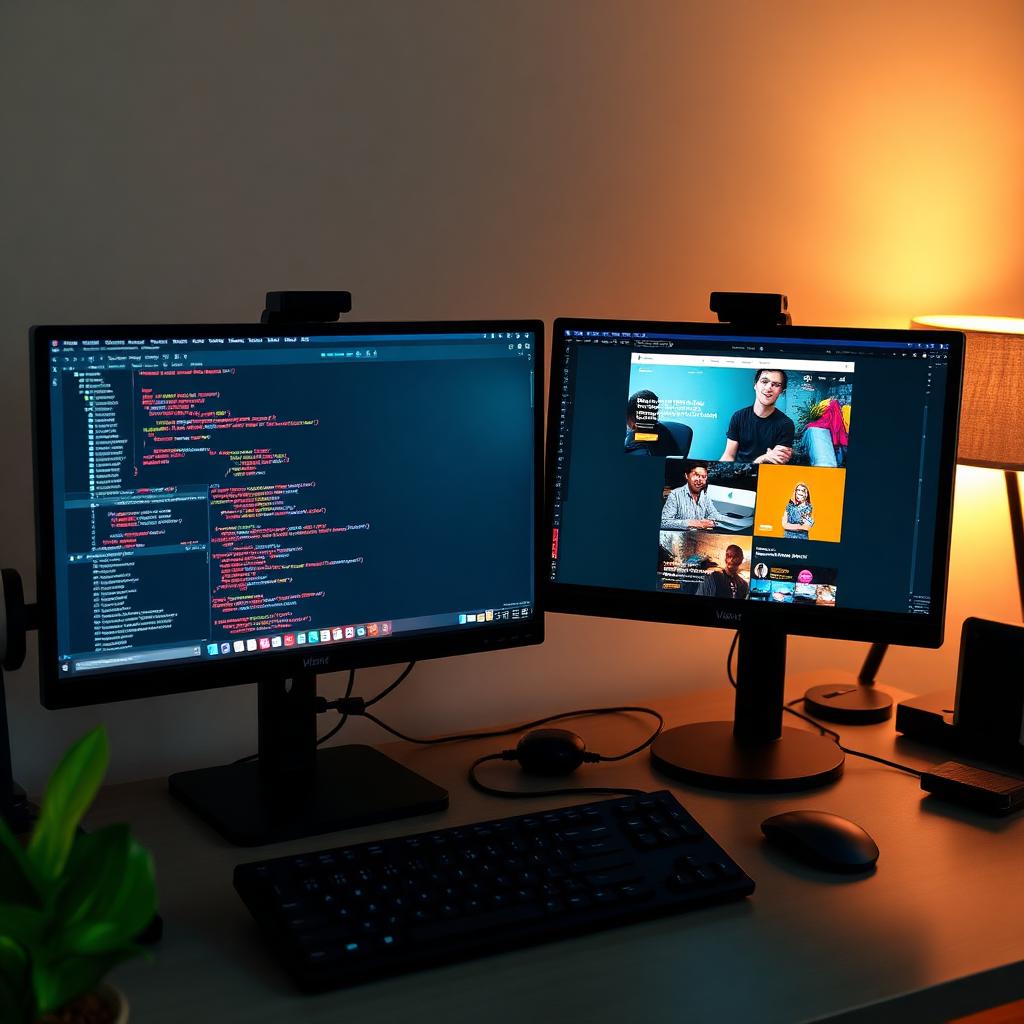 Split screen comparing an AI website builder on a laptop with an Irish developer coding at a multi-monitor desk — Digital Bridge 2026 comparison