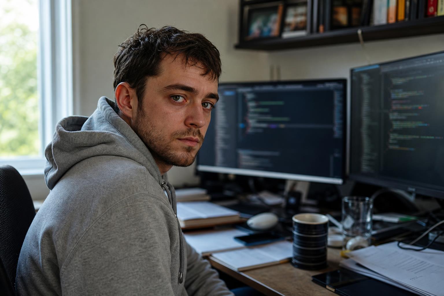 Split screen comparing an AI website builder on a laptop with an Irish developer coding at a multi-monitor desk — Digital Bridge 2026 comparison
