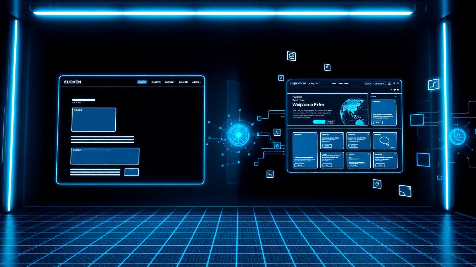 Wireframe website morphing through blue AI particles into a polished finished website mockup, dark tech scene