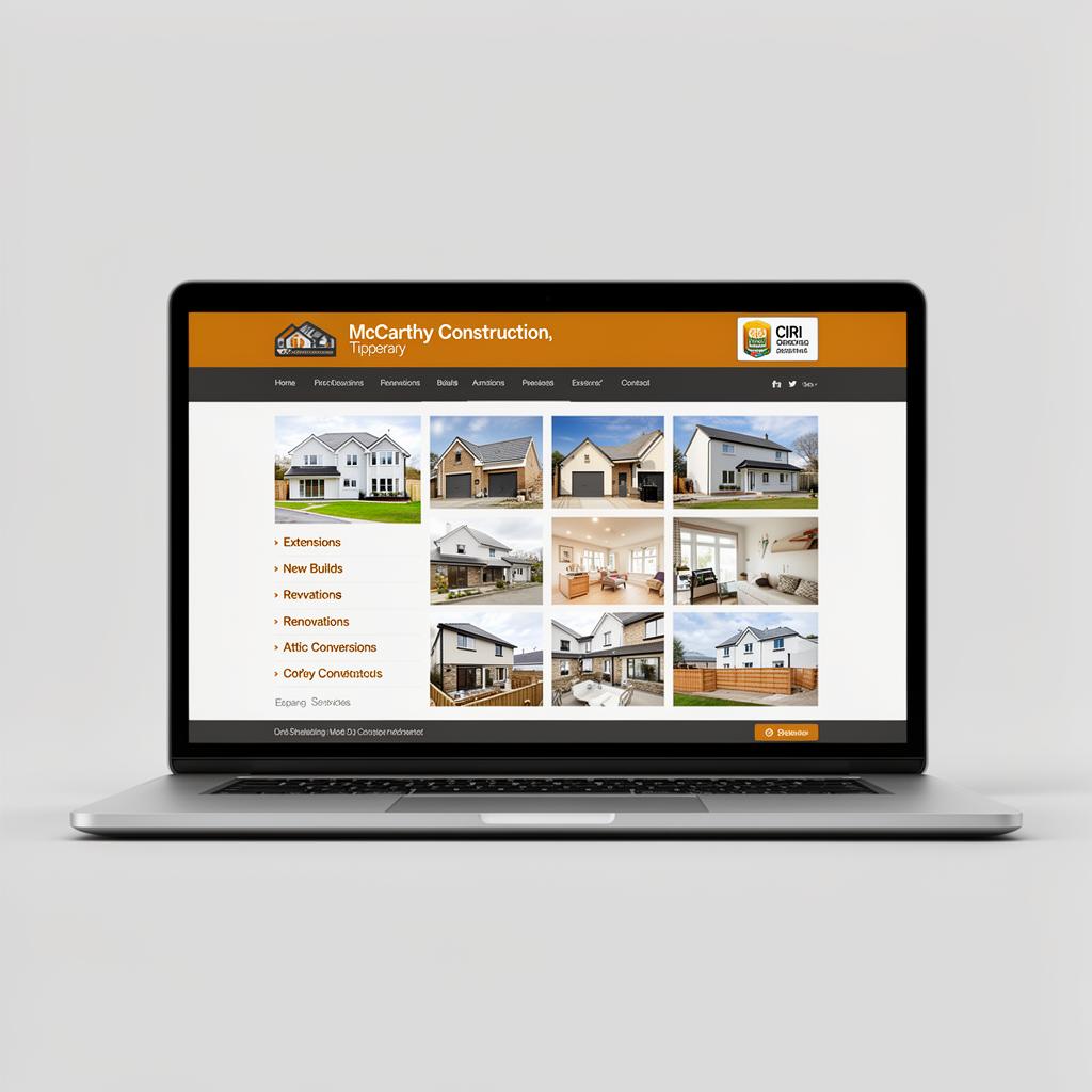 Irish building contractor in hi-vis reviewing plans on a residential construction site with a partially built home behind — example imagery for Digital Bridge builder websites.