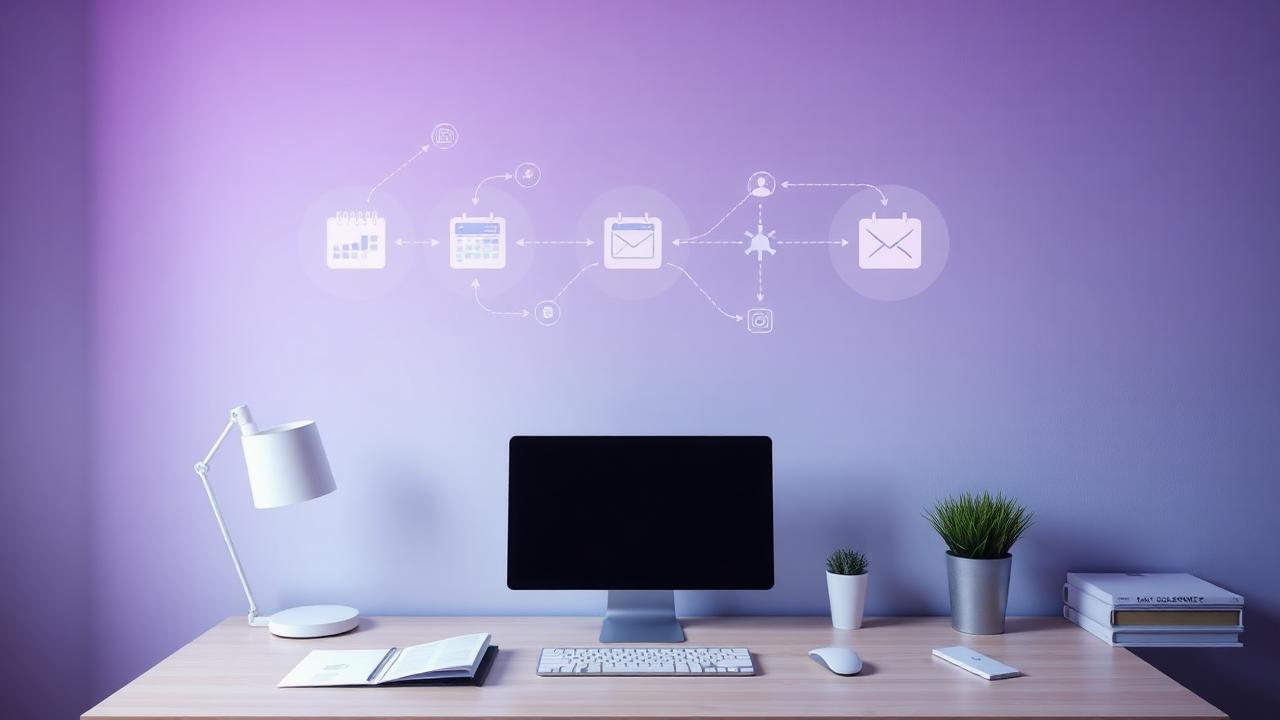 Workflow automation icons floating above tidy Irish small business desk — automation guide 2026