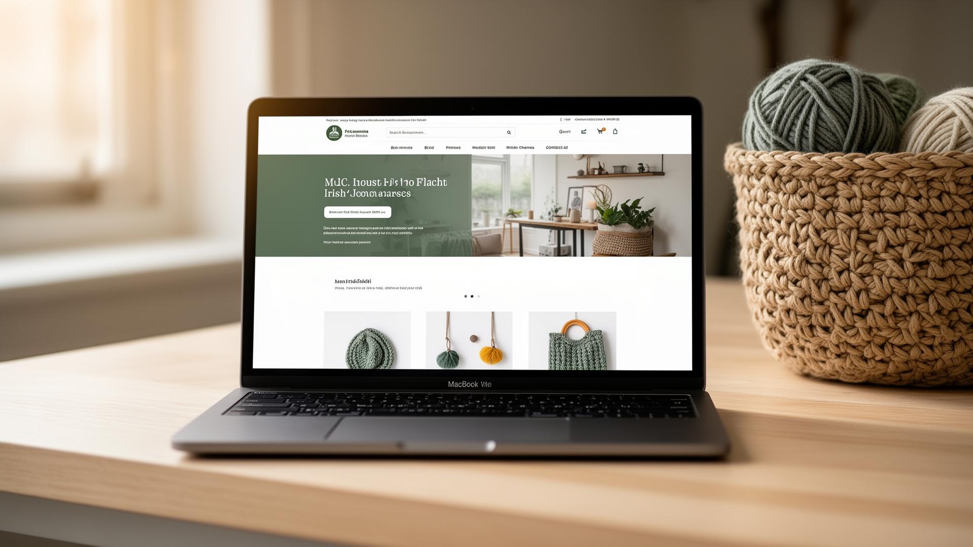 Affordable Irish e-commerce website on a laptop showing a craft product grid