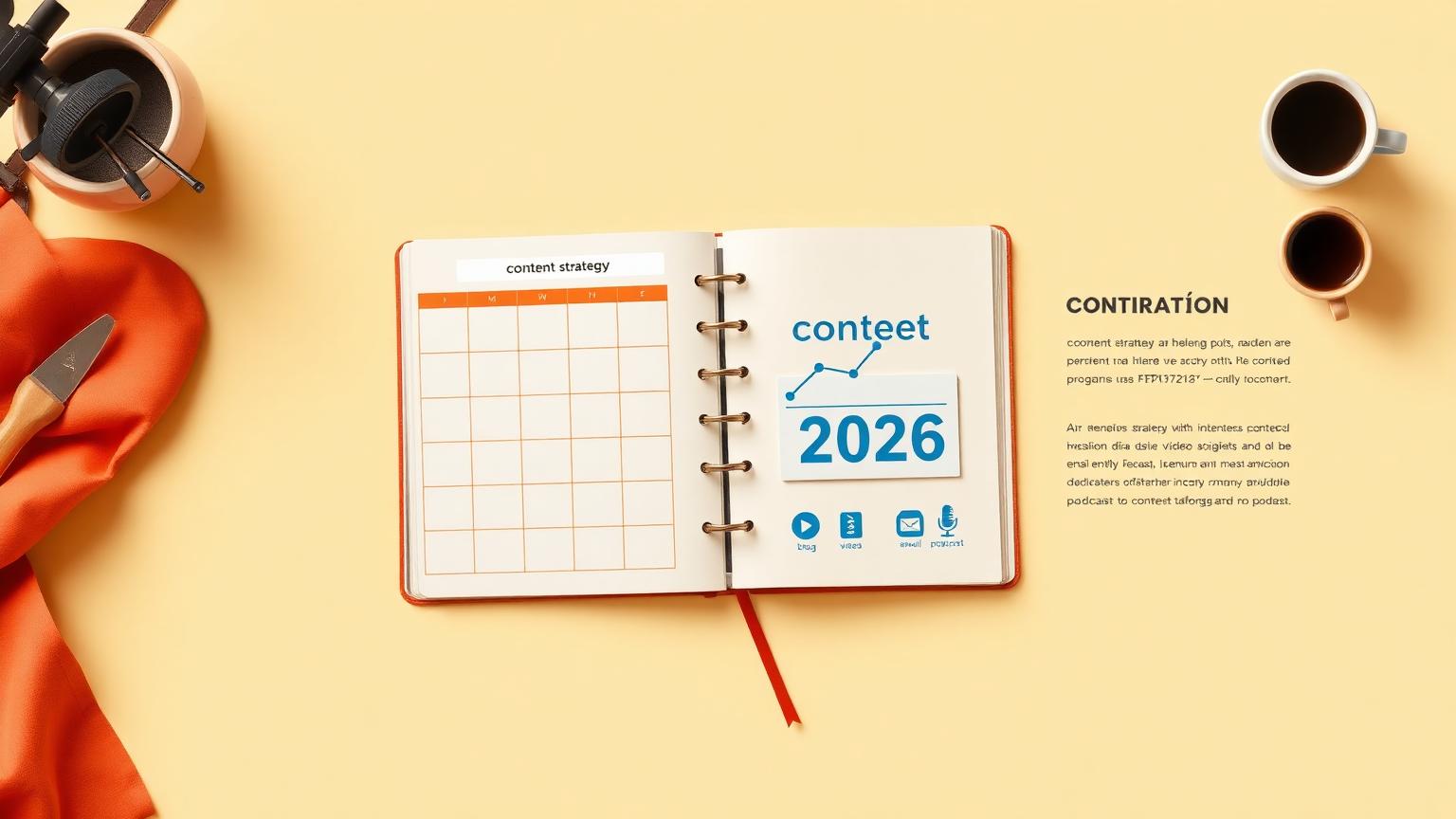 Editorial flat-lay content marketing infographic with a content calendar, notebook and rising graph on a warm cream background