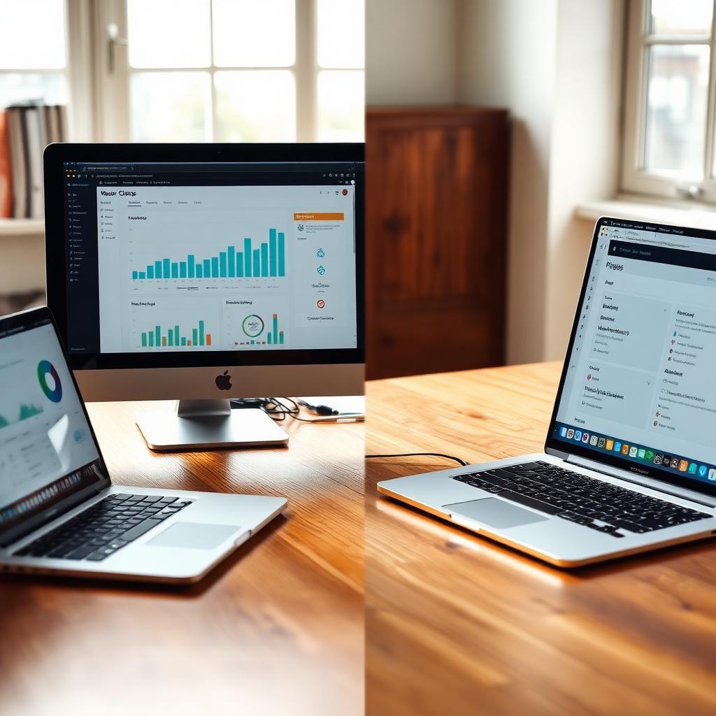 Side-by-side comparison: a custom software dashboard with charts on one laptop and a WordPress plugin admin screen on another, on a wooden desk in an Irish office