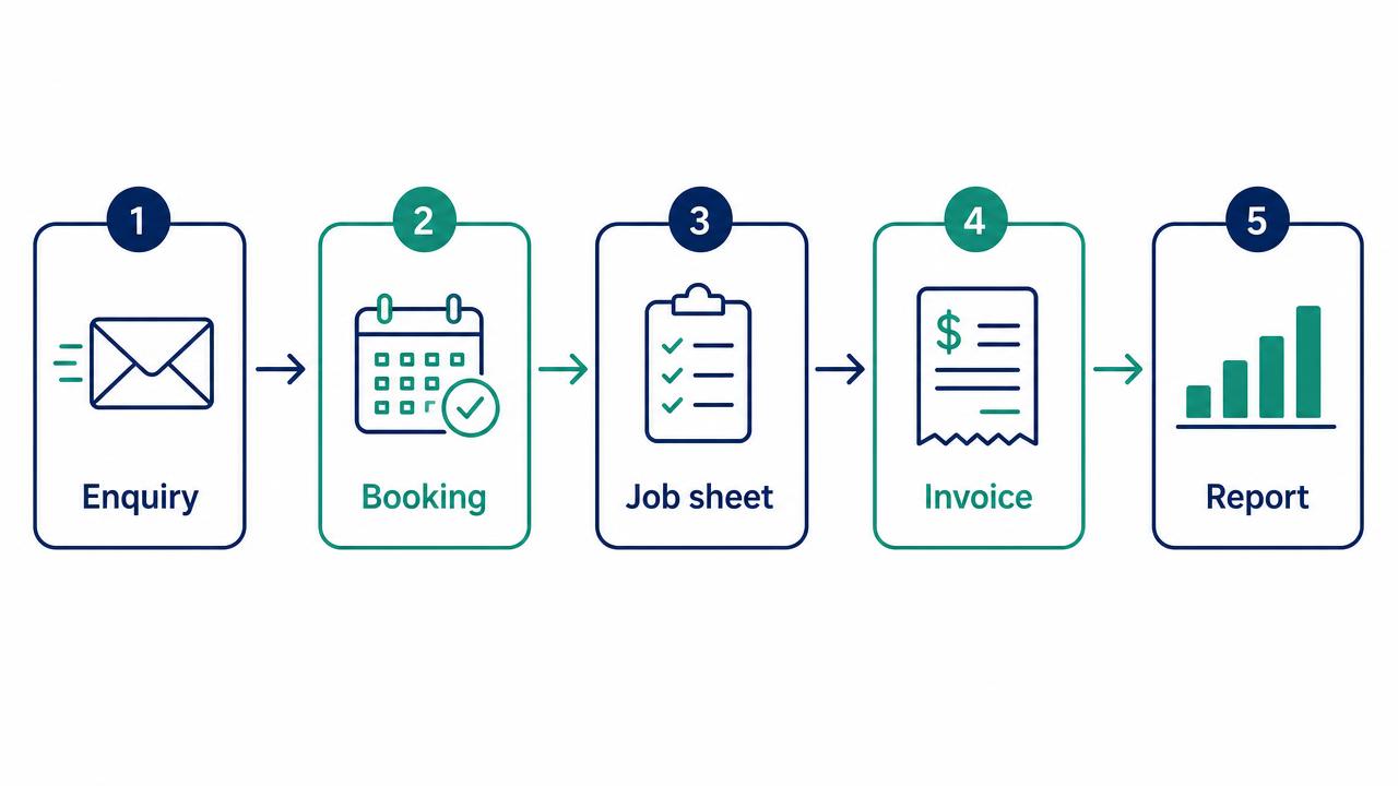 Diagram of a custom business tool used by a Dublin firm, showing one record moving through five stages: enquiry, booking, job sheet, invoice and report