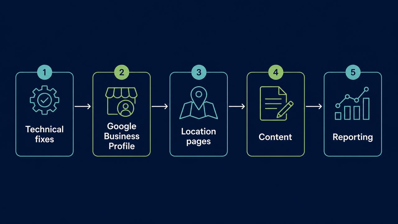 Diagram of the search visibility process used for Dublin businesses, showing five stages: technical fixes, Google Business Profile, location pages, content and reporting