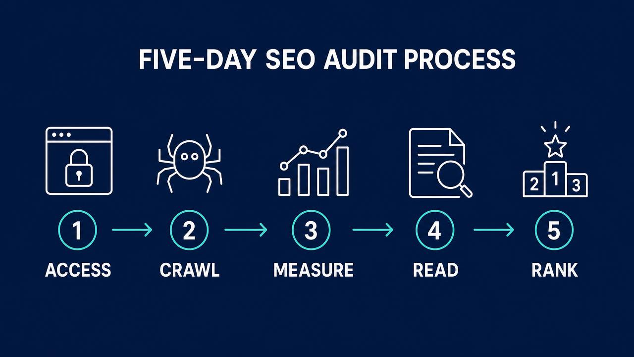 Diagram of the five-day website SEO audit process used for Dublin businesses, showing access, crawl, measure, read and rank stages