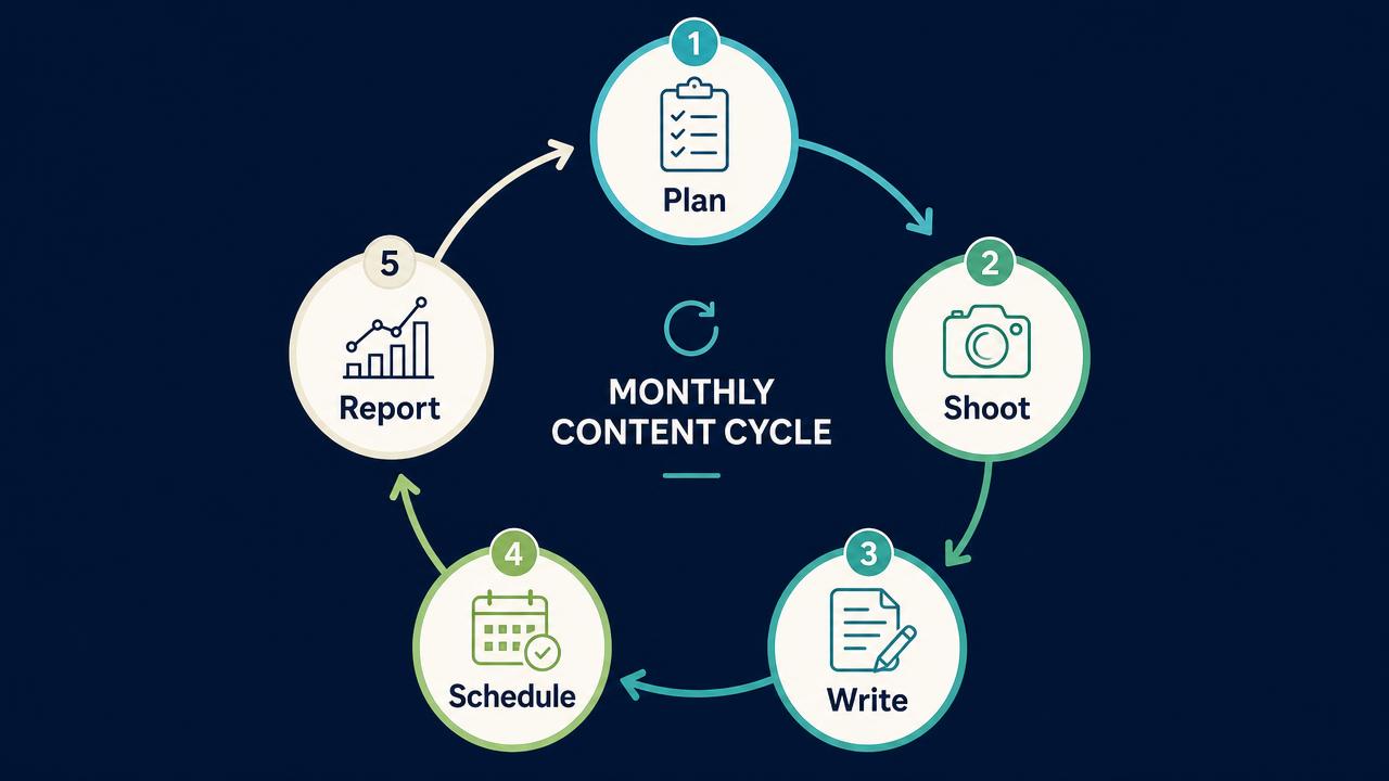 Diagram of the monthly social content cycle used for Dublin businesses, showing five stages: plan, shoot, write, schedule and report
