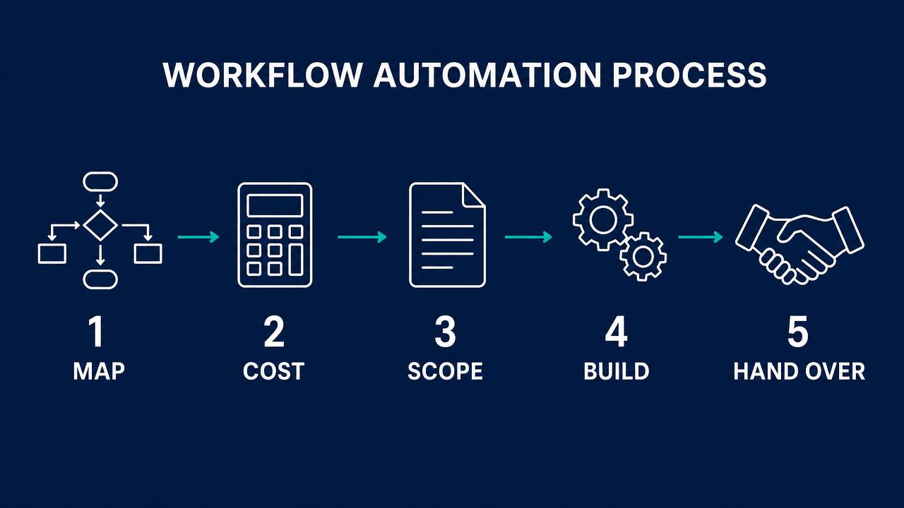 Diagram of the workflow automation process used for Dublin businesses, showing five stages: map, cost, scope, build and test, and hand over