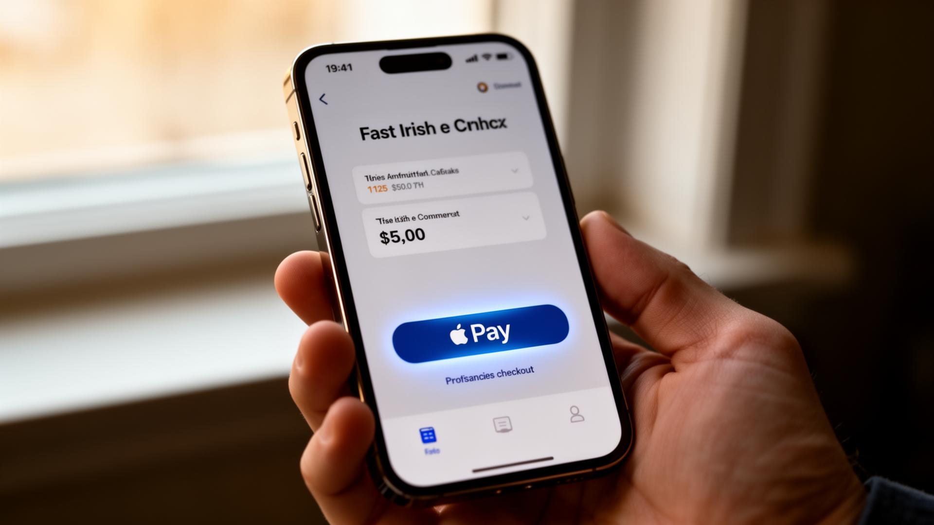 Mobile phone showing fast Irish e-commerce checkout with Apple Pay