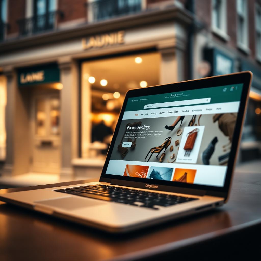 Modern Irish ecommerce website on laptop in front of Dublin shopfront — Digital Bridge 2026