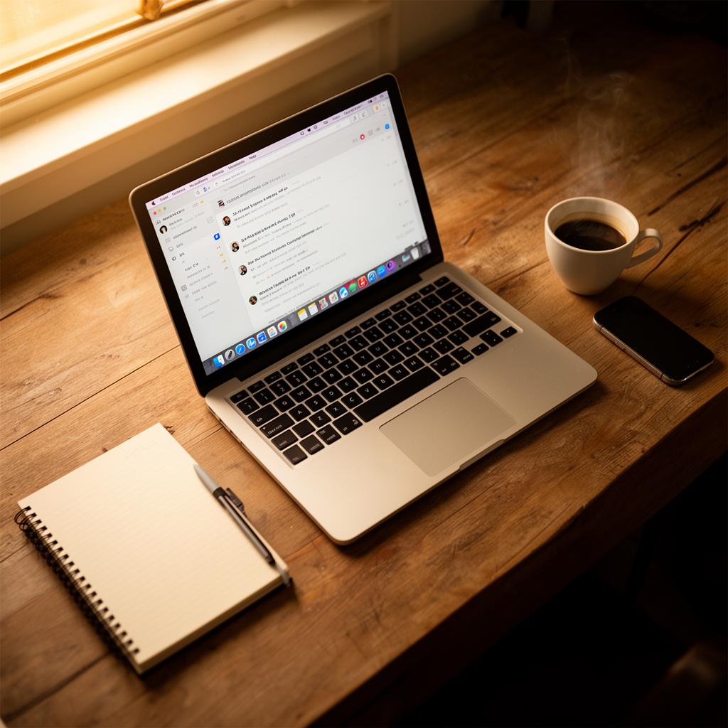 Irish small business owner reviewing email marketing analytics dashboard in a cosy café — Digital Bridge 2026