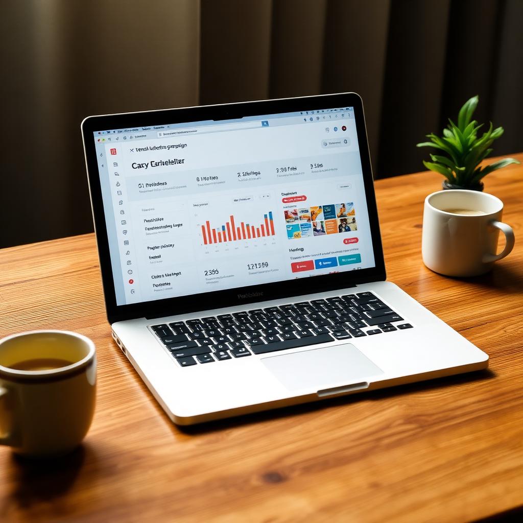 Irish small business owner reviewing email marketing analytics dashboard in a cosy café — Digital Bridge 2026