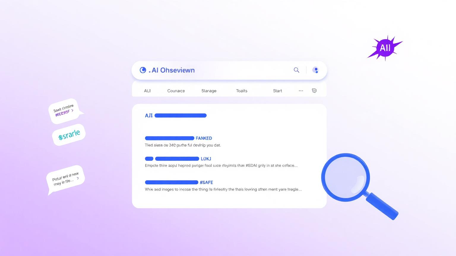 Stylized Google search results page with a highlighted AI Overview answer box glowing in blue and purple