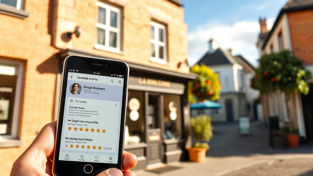 Smartphone showing Irish small business Google Business Profile with five star reviews in front of Irish town shopfront