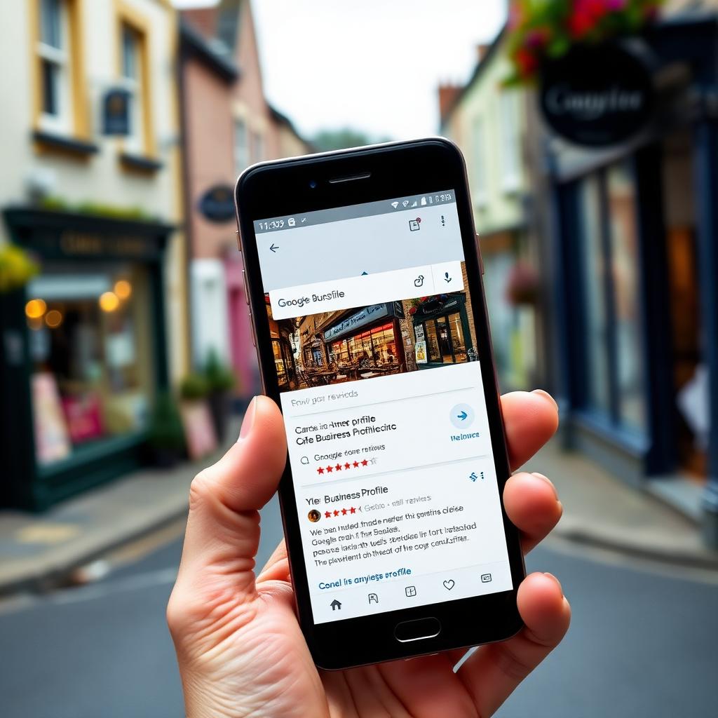 Smartphone showing Irish small business Google Business Profile with five star reviews in front of Irish town shopfront