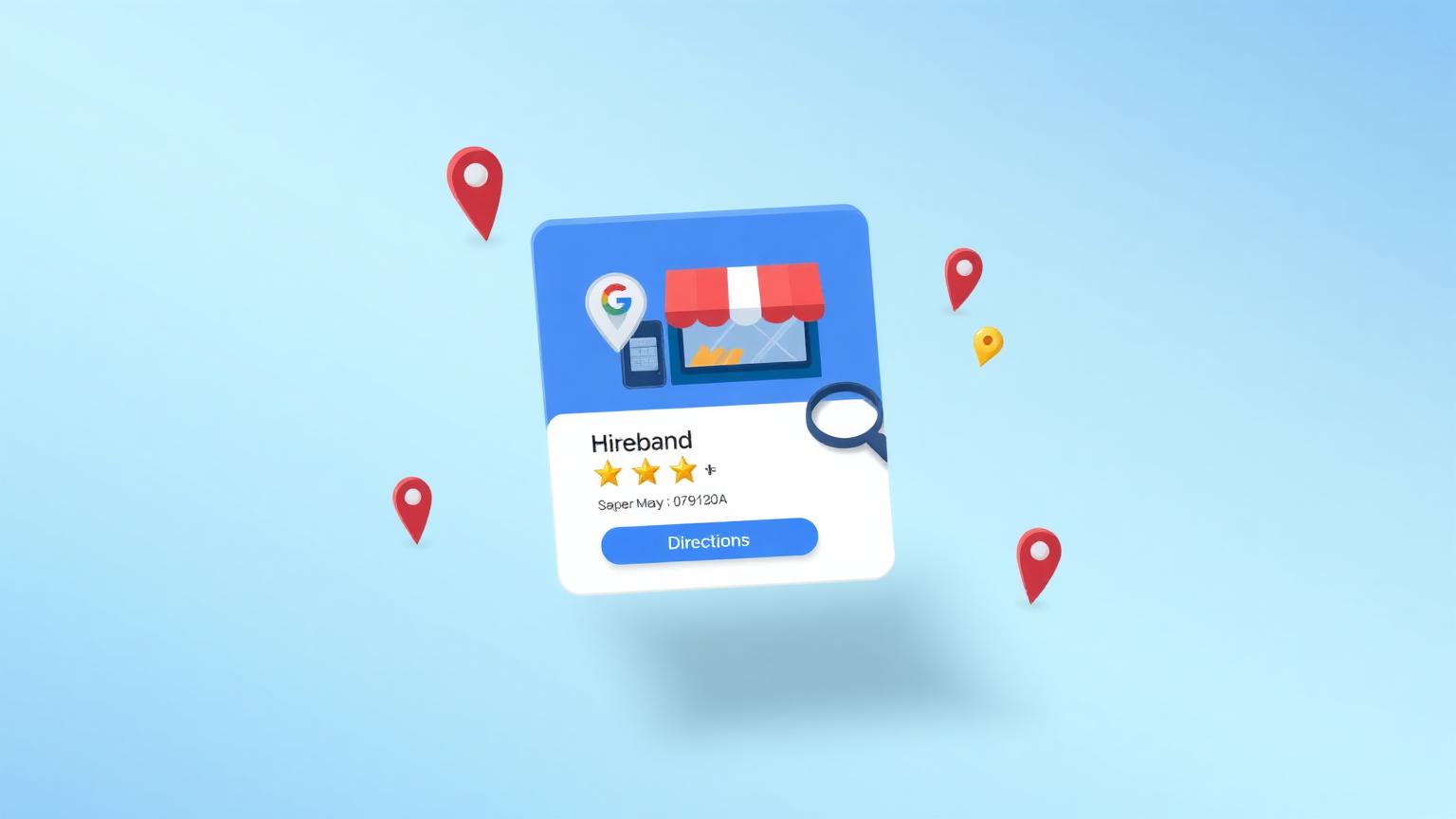 Isometric illustration of a Google Business Profile card with map pins, reviews and directions button
