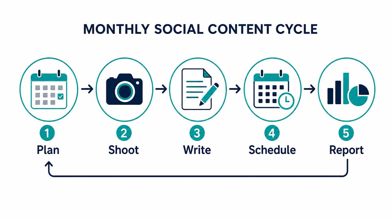 Diagram of the monthly social content cycle Digital Bridge runs for businesses in Kildare, showing five stages: plan, shoot, write, schedule and report