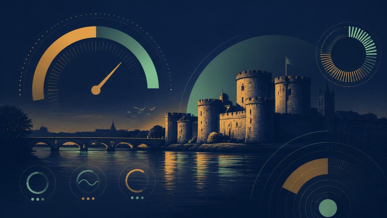 Abstract Core Web Vitals gauges and radial score dials over a stylised silhouette of King John's Castle and the River Shannon — Digital Bridge SEO audit visualisation for Limerick