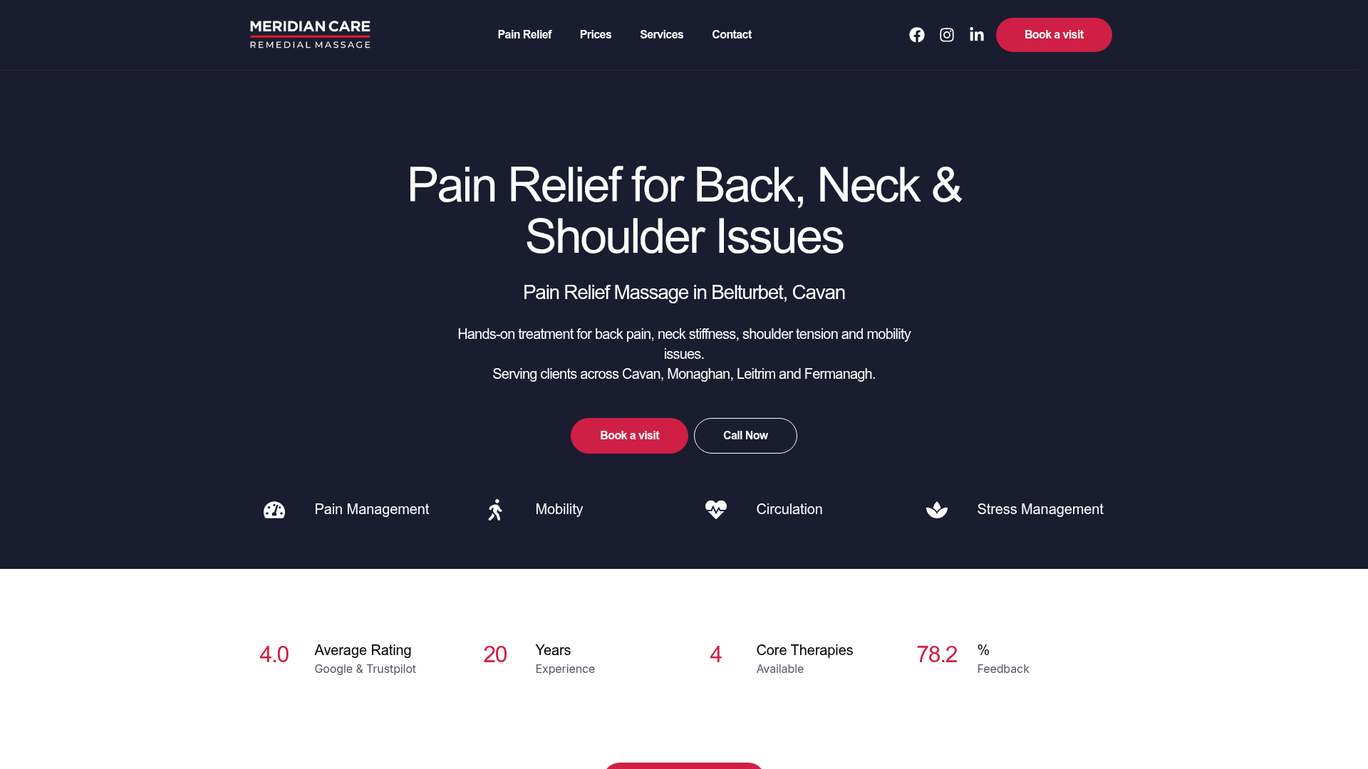 Meridian Care remedial massage website — pain relief clinic in Belturbet, Cavan