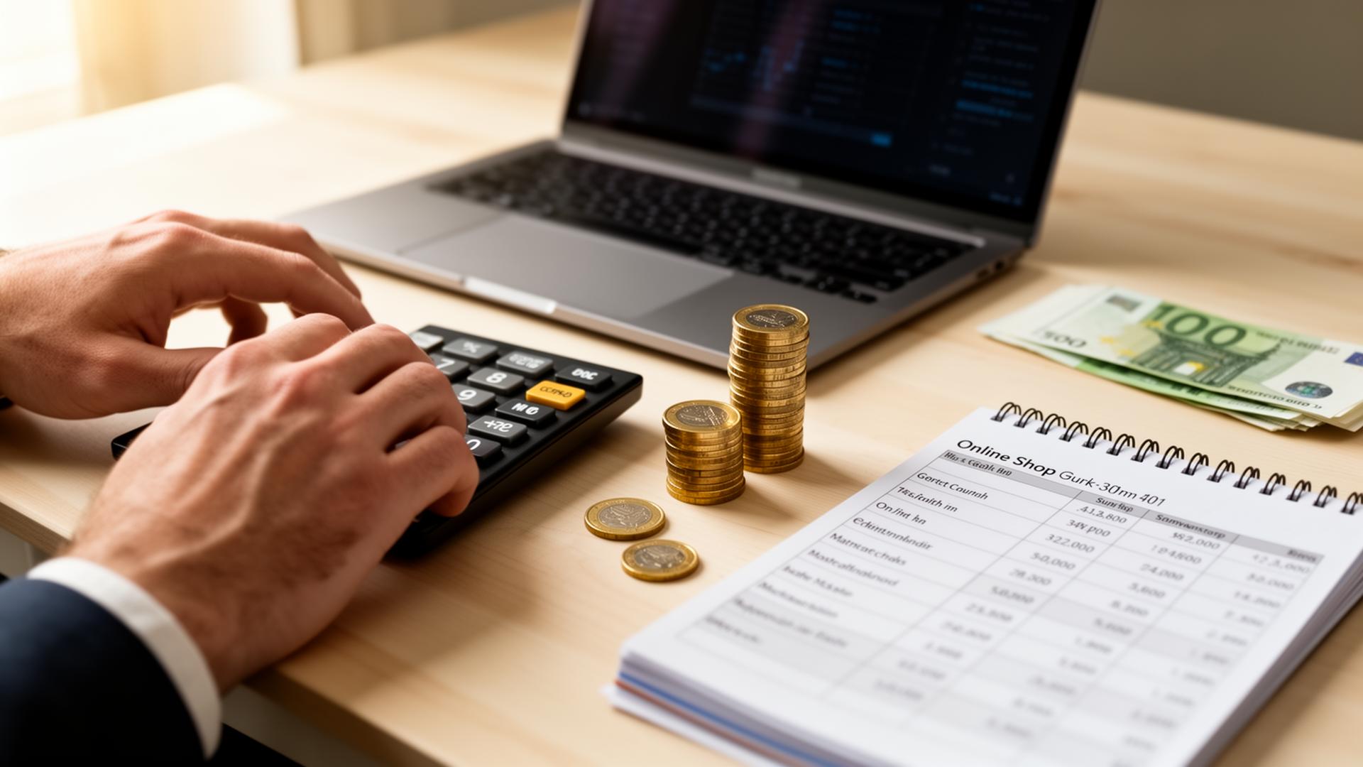 Irish business owner calculating online shop cost on a laptop with euro coins