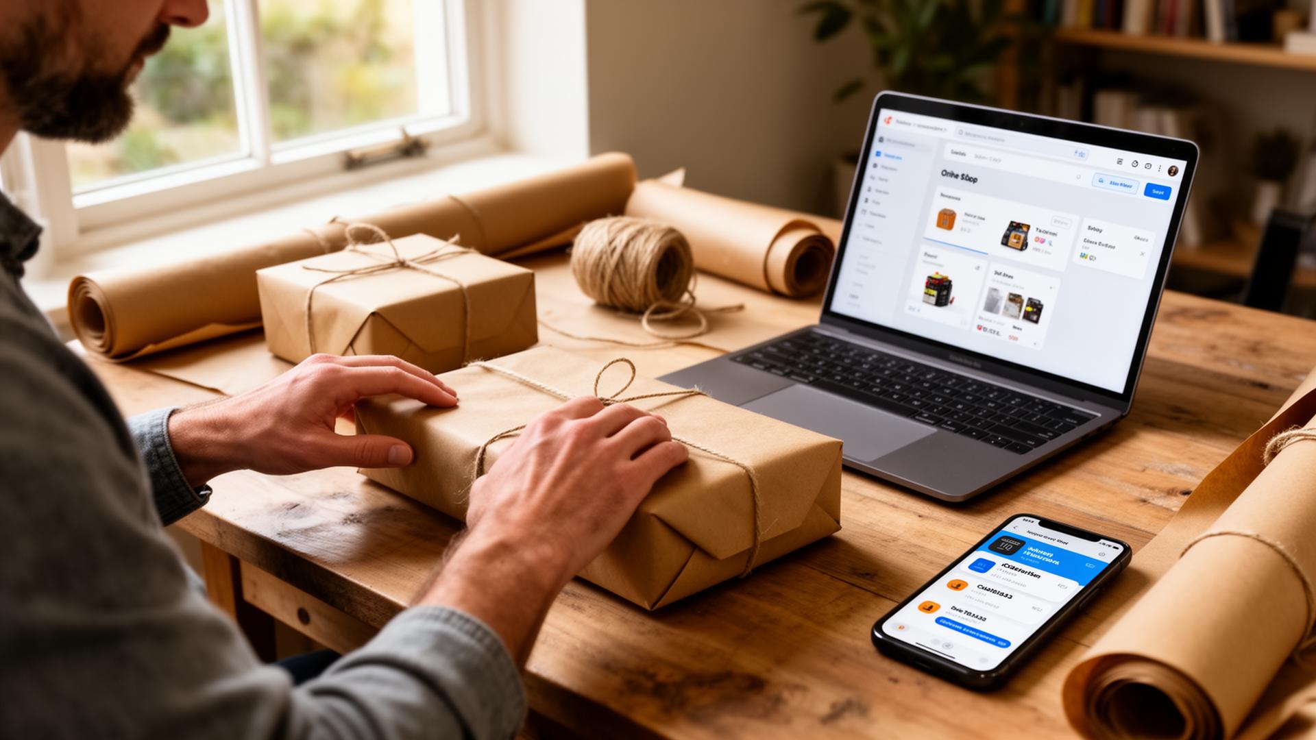 Irish small business owner packing online orders with smartphone notifications
