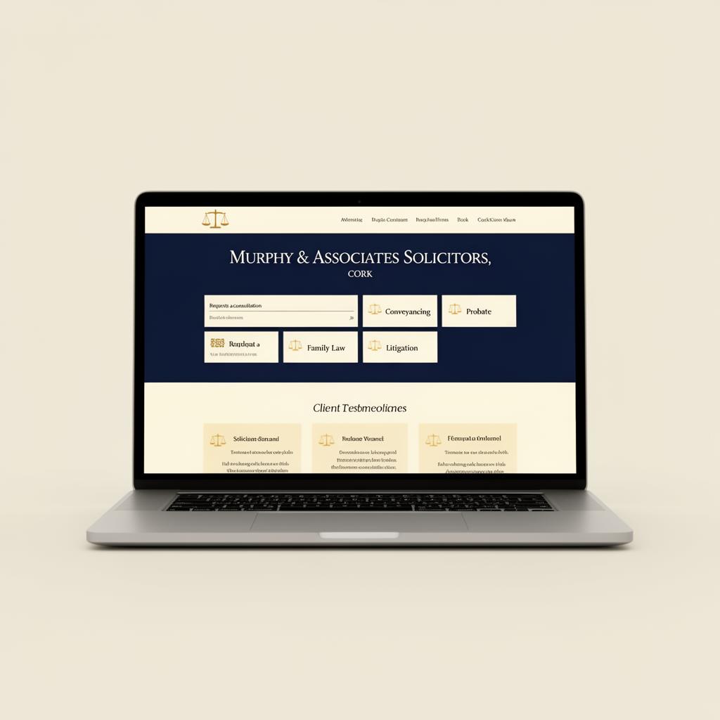 Two Irish solicitors reviewing documents in a traditional book-lined office — sample of the considered, authority-led visual style Digital Bridge applies to law firm websites.