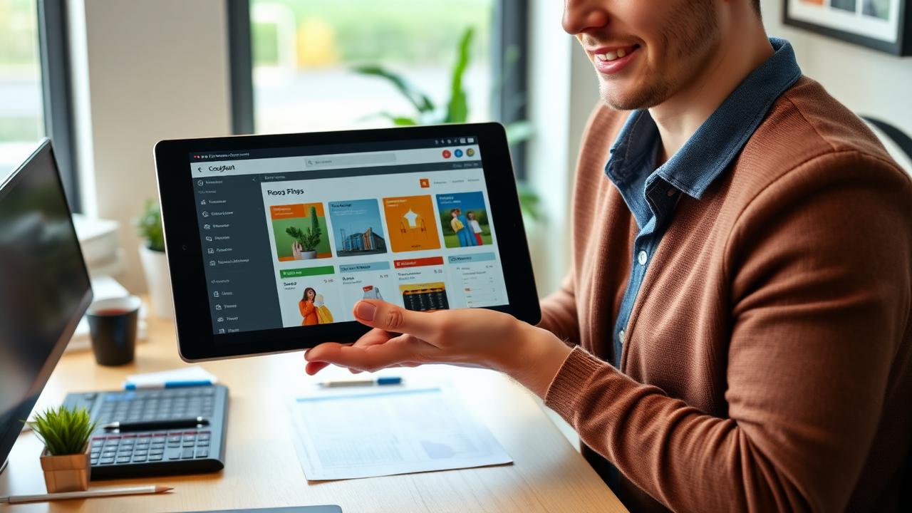 Irish small business owner reviewing Trading Online Voucher dashboard on tablet — 2026 guide