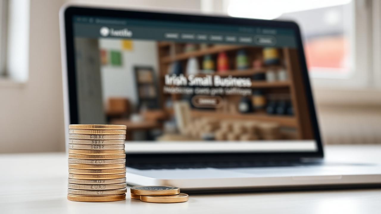 Stacked euro coins beside laptop showing modern Irish small business website — 2026 cost guide
