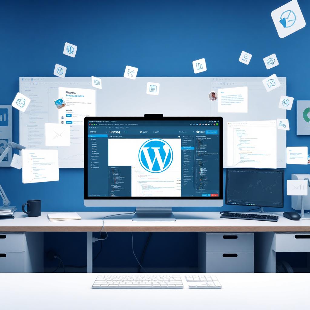 WordPress website design workspace showing custom theme development on dual monitors