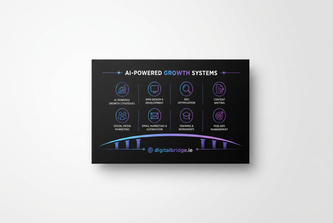 Digital Bridge business card back — AI-powered growth systems services panel by Printhouse.ie