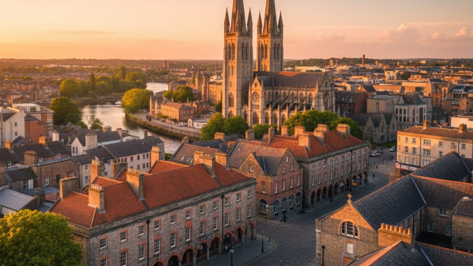 Cork City and St Fin Barre's Cathedral spires at golden hour — digital marketing agency Cork · Digital Bridge digital marketing agency