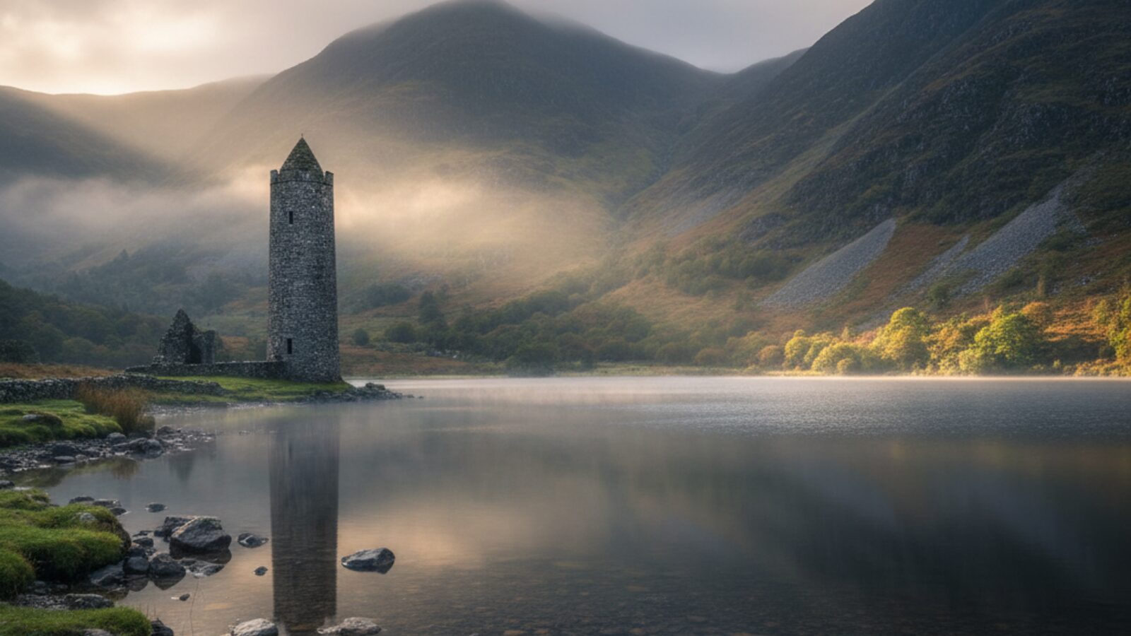 Glendalough monastic round tower and lake in the Wicklow Mountains — digital marketing agency Wicklow · Digital Bridge digital marketing agency
