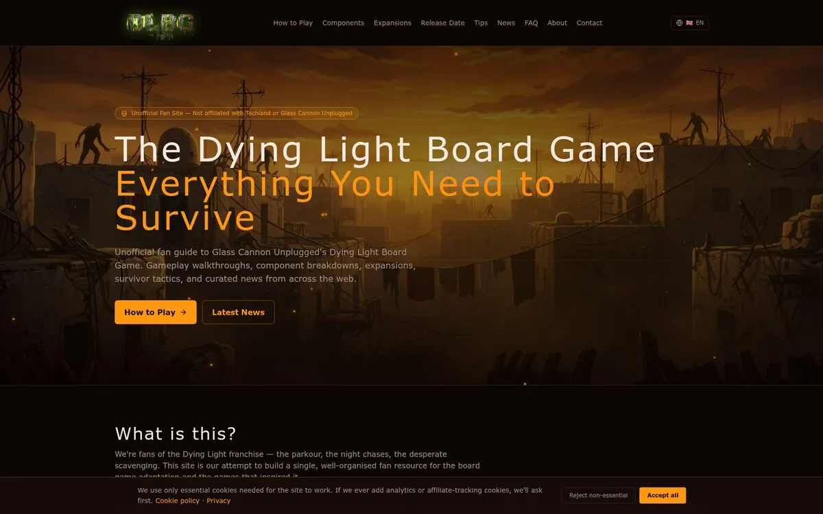 Dying Light Board Game fan site homepage — multilingual gaming resource built by Digital Bridge