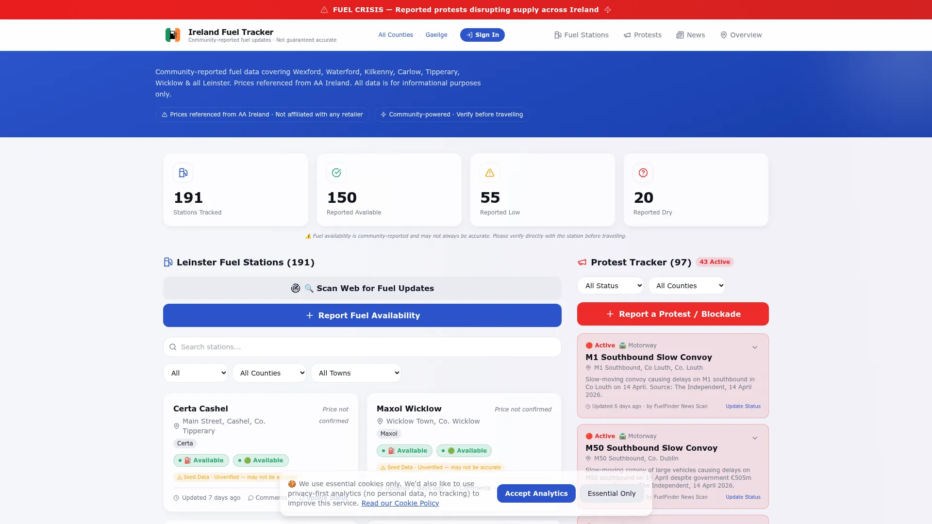 Fuel Finder Ireland homepage — community-powered live fuel availability tracker built by Digital Bridge