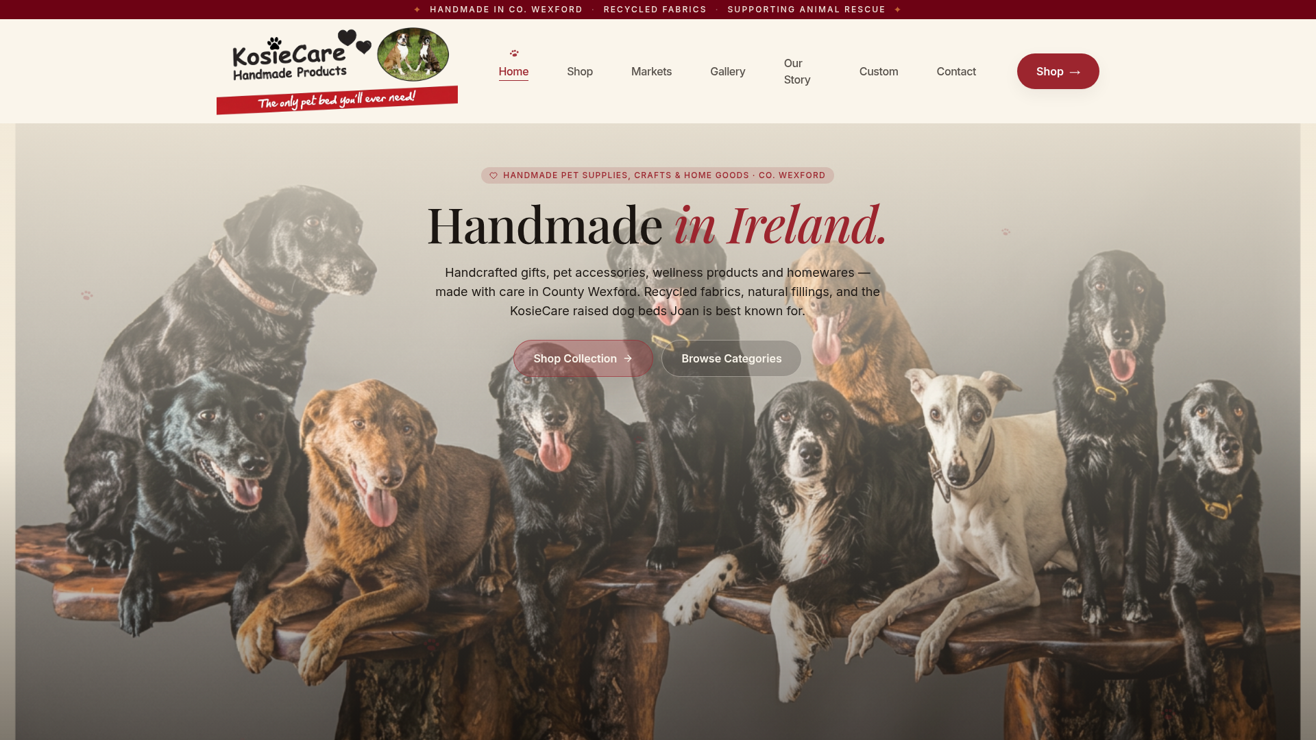KosieCare homepage — handmade Co. Wexford pet supplies and gifts website built by Digital Bridge